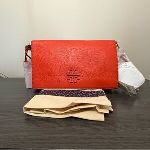 TORY BURCH McGRAW FOLD-OVER CROSSBODY BAG POPPY RED COLOR PEBBLE LEATHER